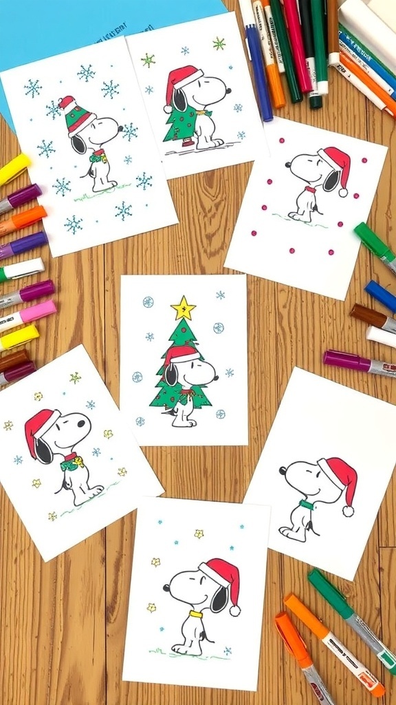 Handmade Christmas cards with Snoopy designs on a crafting table.